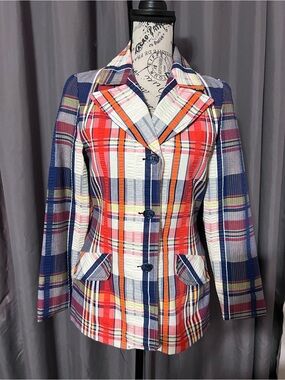 Vintage 70s Rainbow Coat Plaid Blazer Jacket Seersucker USA ILGWU Tailored 4/6